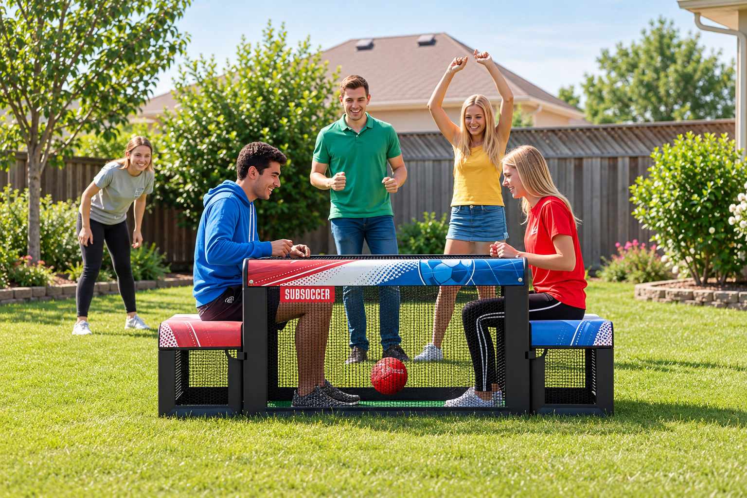 Red and blue bench soccer game with two goal benches for rent in Ottawa