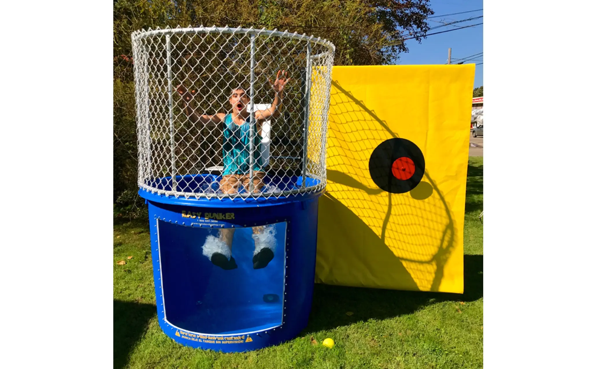 Dunk tank rental Ottawa Ontario with clear viewing panel and safe target mechanism