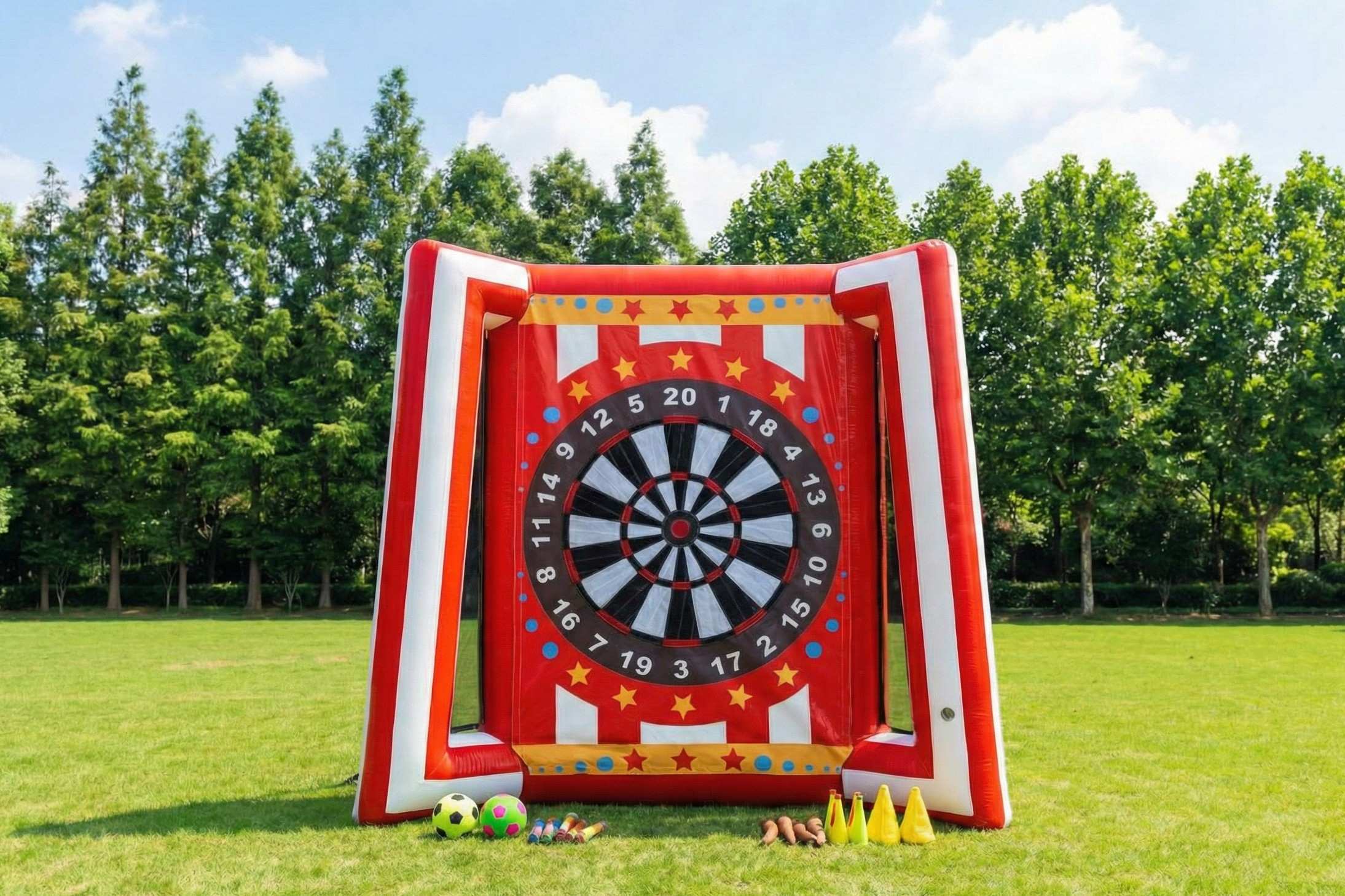 Quiet 4-in-1 inflatable carnival games rental in Ottawa and Gatineau: basketball shootout, soccer target, axe-throwing dart, and knockdown