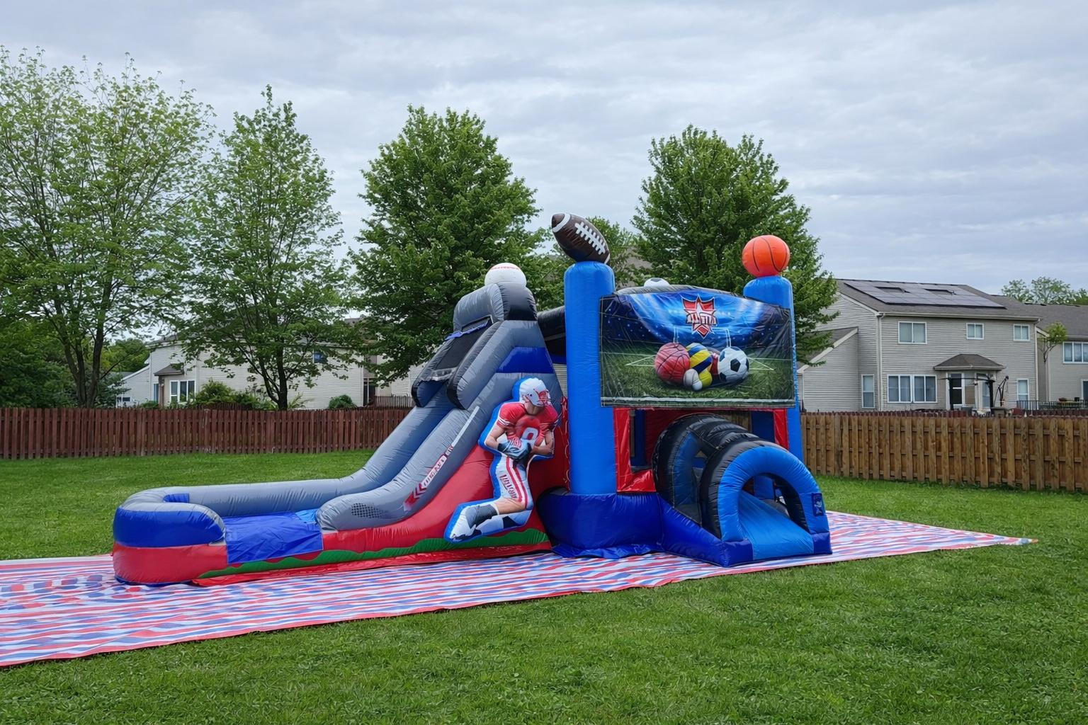 Sport themed inflatable bounce house with slide rental for birthday parties in Ottawa