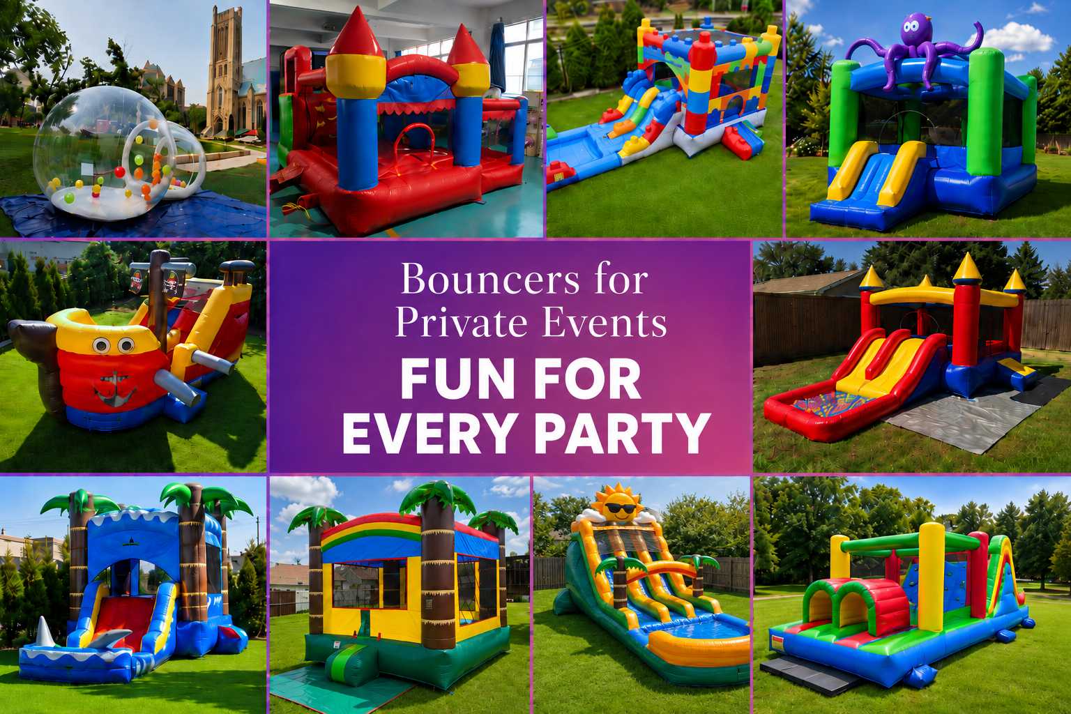 Bouncers for private events rentals in Ottawa Ontario including bounce houses, inflatable slides, combo bouncers, obstacle courses, water slides and party inflatables for backyard birthdays and family events