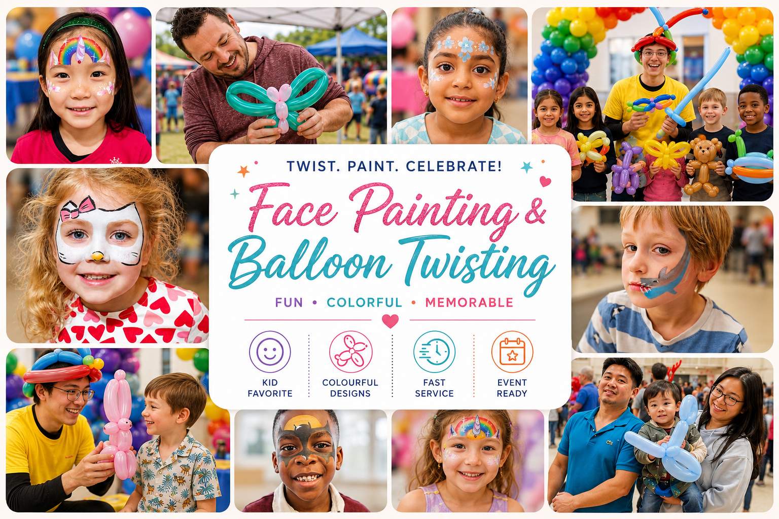 Face painting and balloon twisting services in Ottawa Ontario for birthday parties, school events, daycare celebrations, festivals, fundraisers and kids entertainment