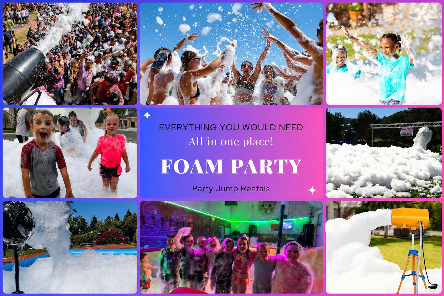 Foam party rentals in Ottawa Ontario with foam machine, foam cannon and foam party setup for birthdays, school events, festivals, summer parties and private events
