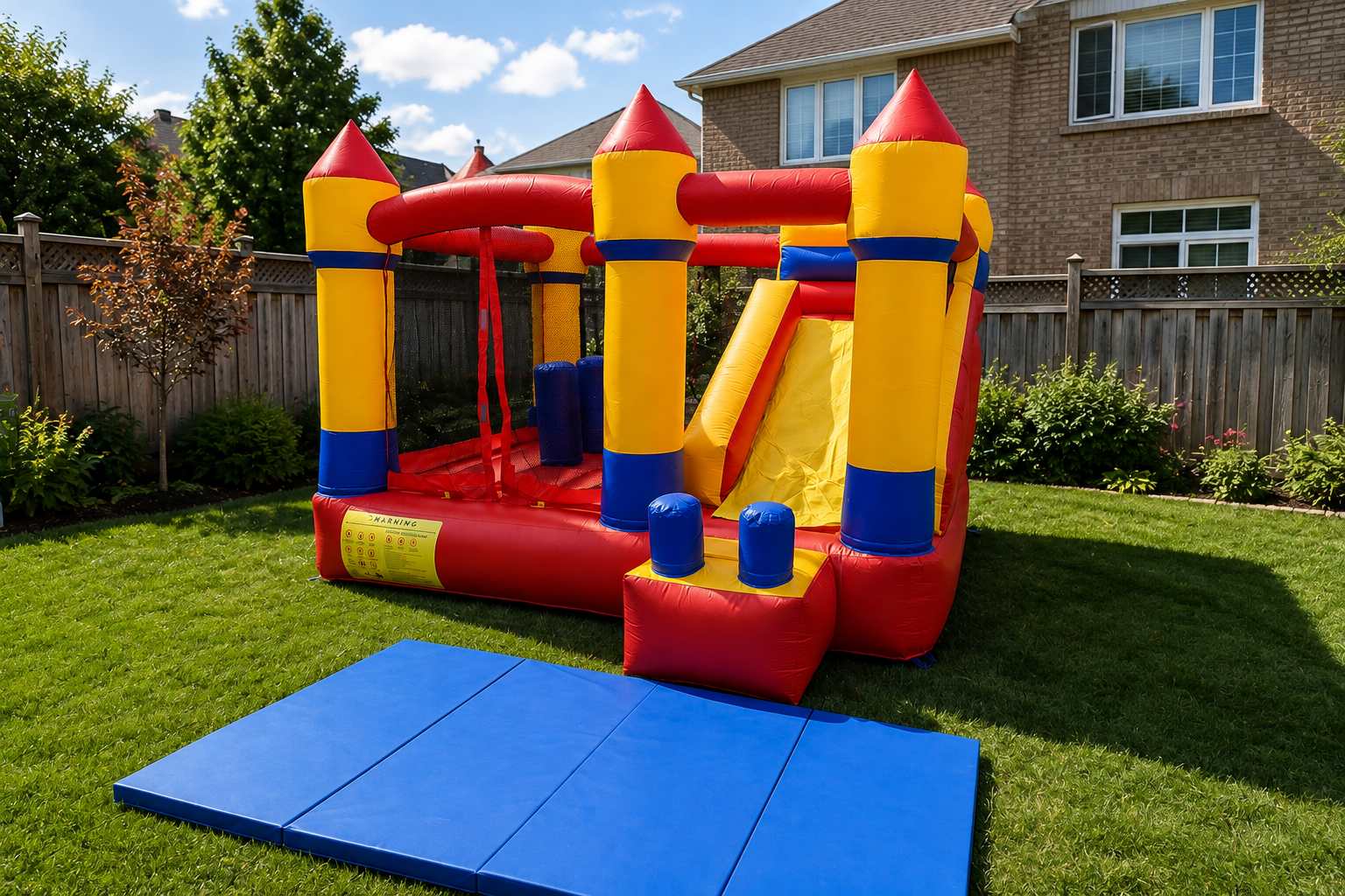 Red and yellow bounce house with slide rental in Ottawa, side view