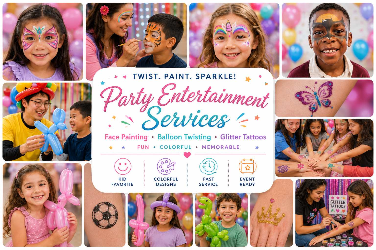 Glitter tattoos, face painting and balloon twisting services in Ottawa Ontario for birthday parties, schools, daycares, festivals and family events
