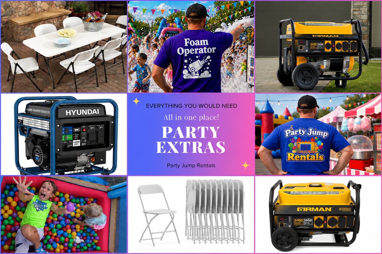 Party extras rentals in Ottawa Ontario including tables, chairs, generators, pit balls, foam party operator and event equipment for birthdays, school events, corporate events and private parties